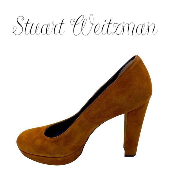 Stuart Weitzman Brown Suede Block Heel Platform Pumps Size 10 - Picture 1 of 8